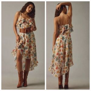 Anthropologie Sleeveless Asymmetric Foral Ruffled Midi Dress Size M